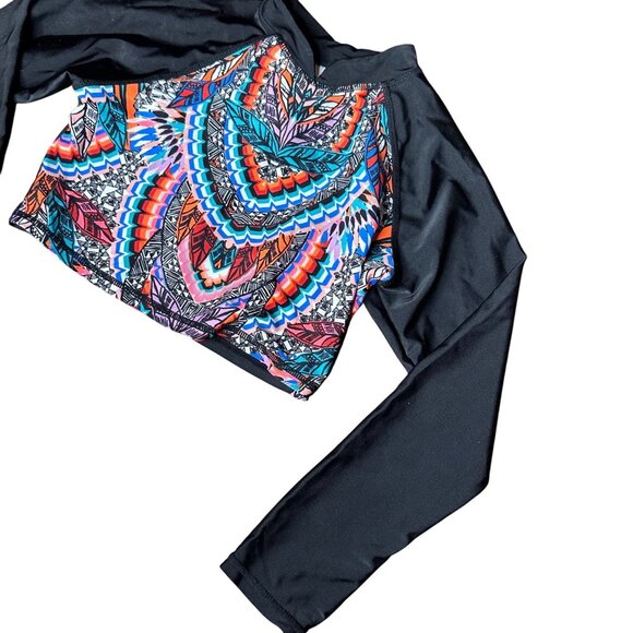 Girls Art Class Long-Sleeve Crop Swim Top Size M 7/8 Multicolor Pattern & Black - Picture 4 of 8